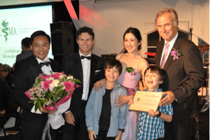 Convenor of 2012 ACMA Gala Dinner (Dr Jenson Mak), with Hon Victor Dominello MP (NSW Minister of Citizenship & Communities), Dr Cindy Pan (MC & Ambassador for Northcott Disability Services) & her 2 children, & Mr John Alexander MP (Federal Member for Benelong)